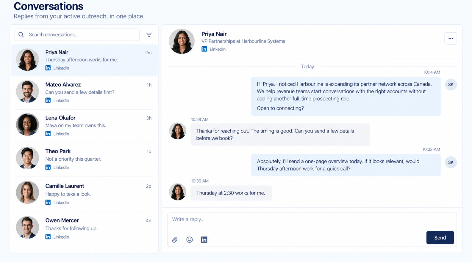 Example Connu inbox showing fictional LinkedIn contacts and a realistic conversation that leads to a meeting time.